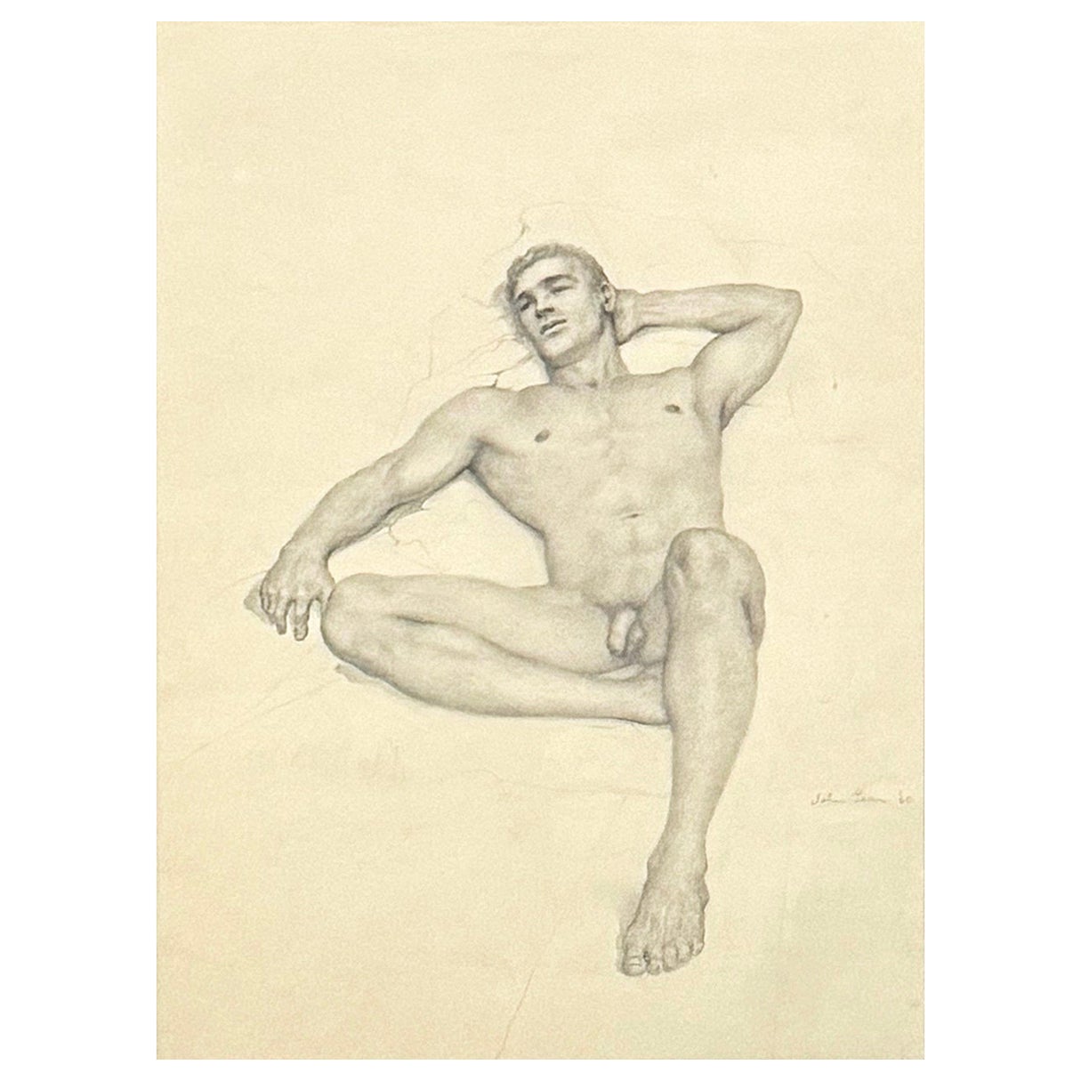 „Reclining Male Nude“, wichtige frühe Bleistiftzeichnung von John B. Lear, 1960 im Angebot