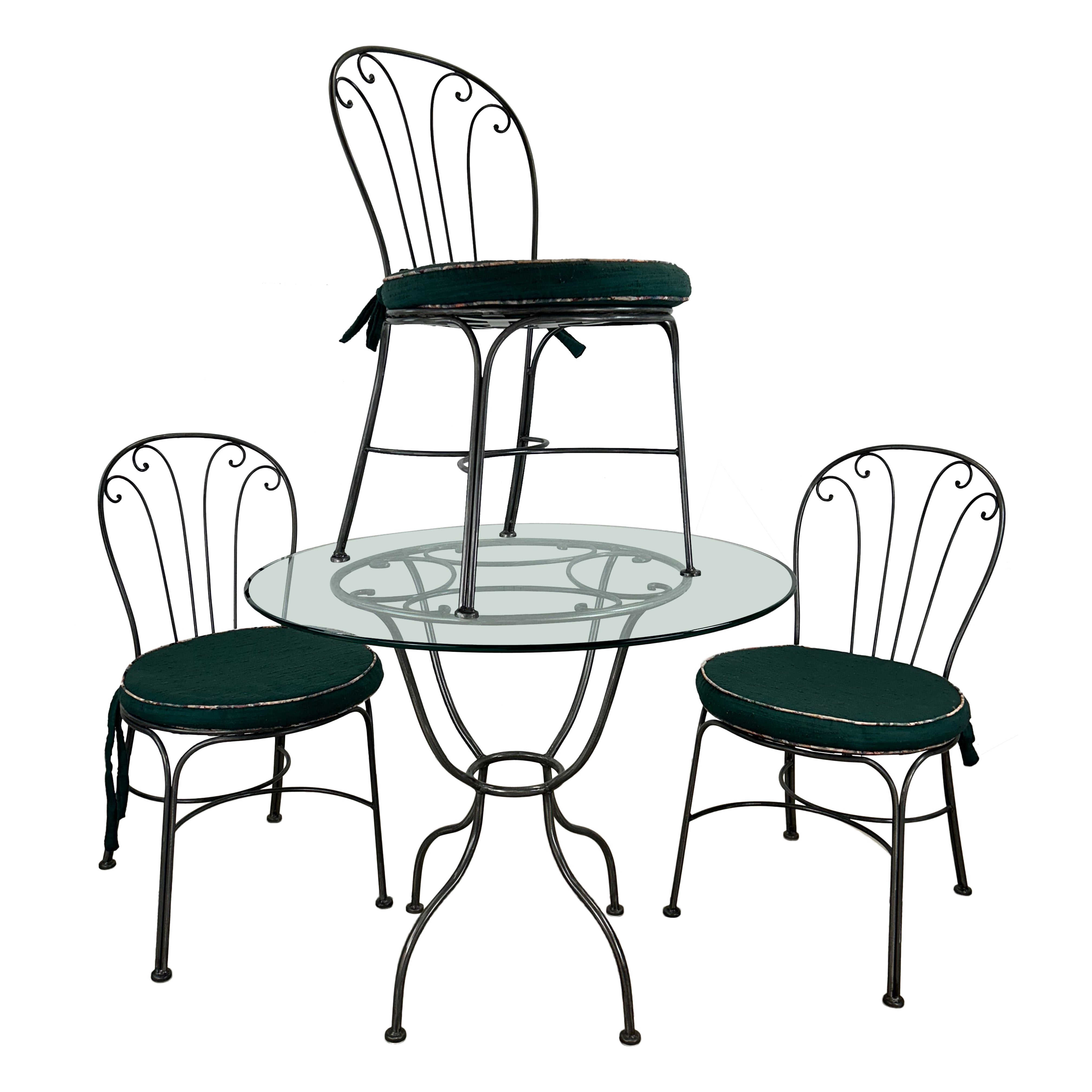 Vintage Wrought Iron Bistro Set with Glass Top Table & 3 Chairs