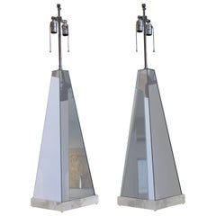Pair of Mirrored Obelisk Lamps with Lucite Bases
