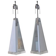Pair of Mirrored Obelisk Lamps with Lucite Bases 4