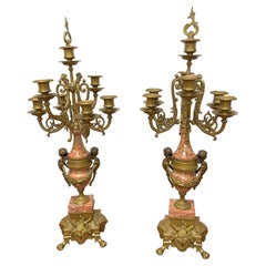 Pair of Early 20th Century Italian Brevettato Brass Marble Candelabras