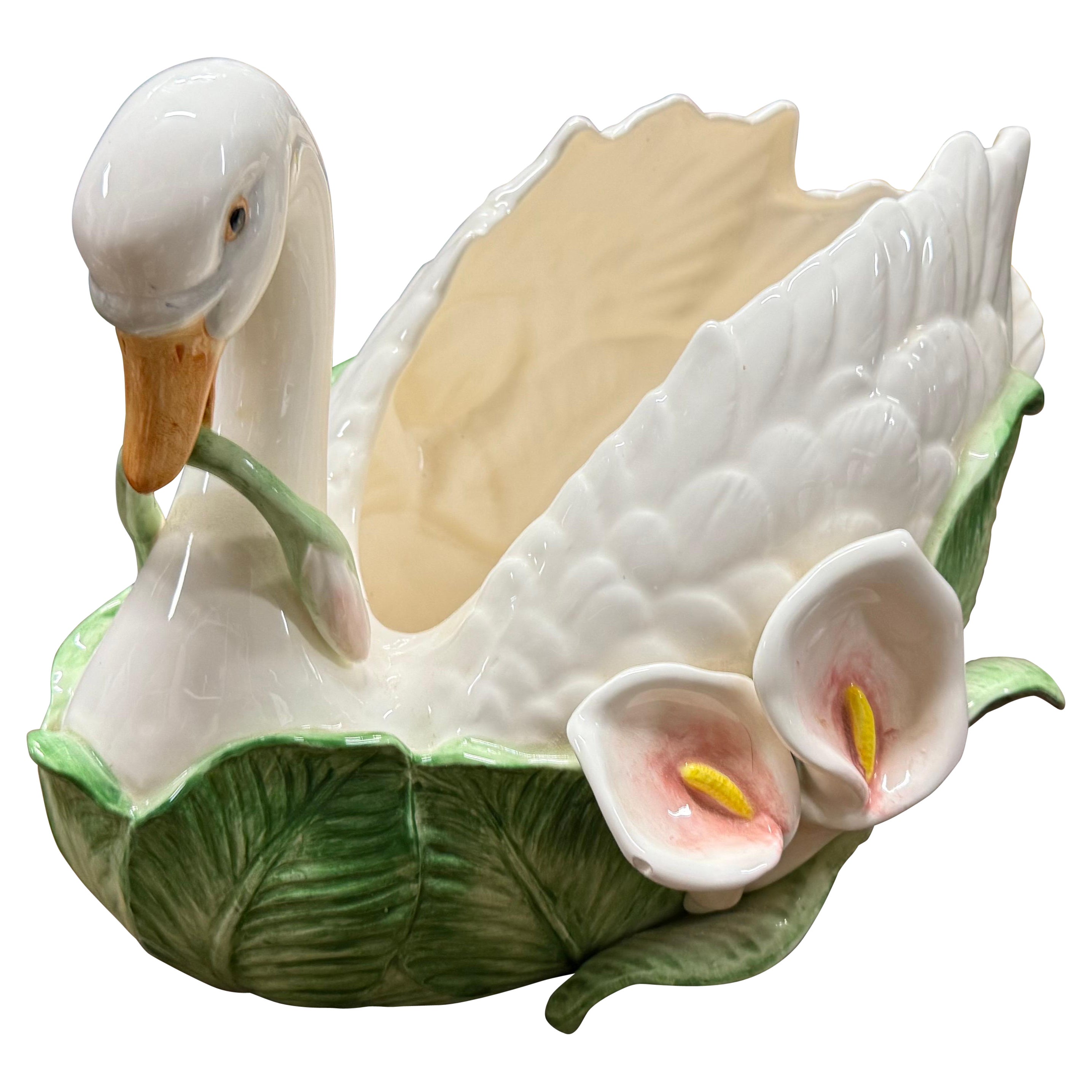 1987 Fitz and Floyd: fioriera o centrotavola in ceramica a forma di cigno
