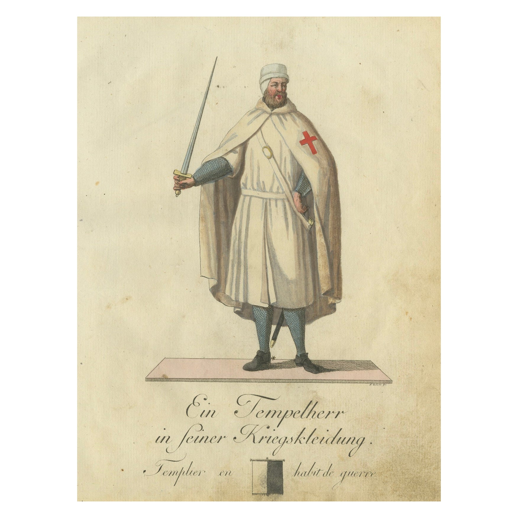 Caballero Templario en traje de guerra: Grabado coloreado a mano de 1791 de la Serie Histórica
