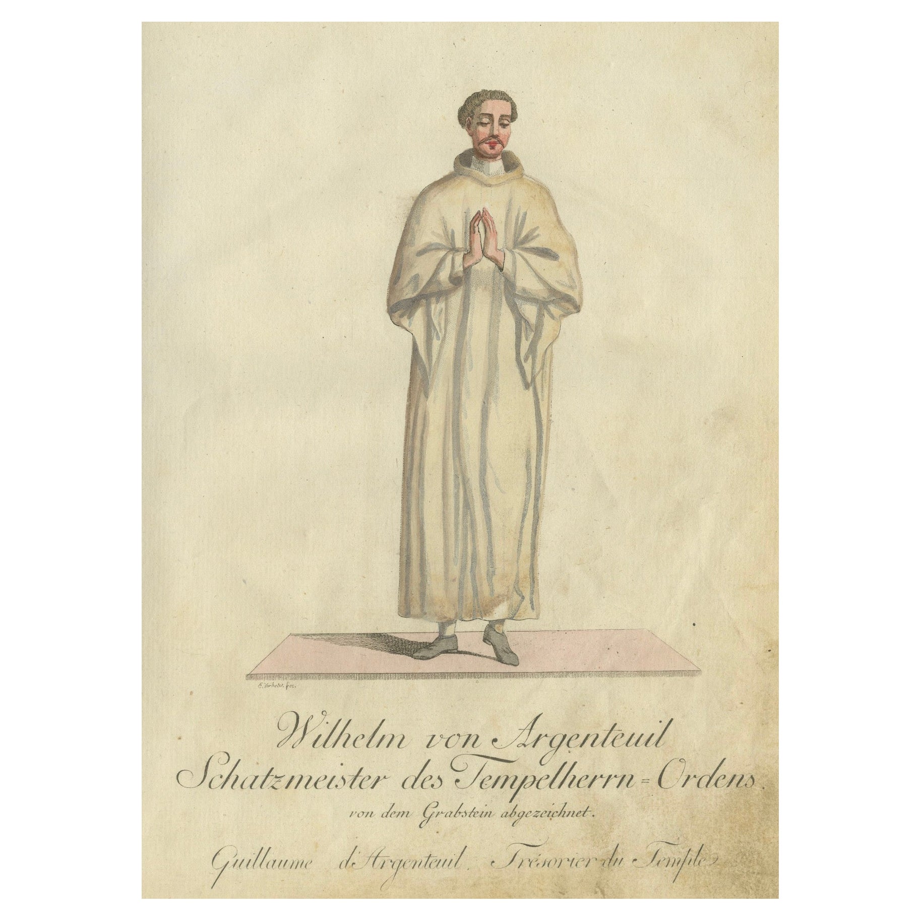 Wilhelm von Argenteuil: 1791 Handkolorierte Gravur des Templarschatzmeisters