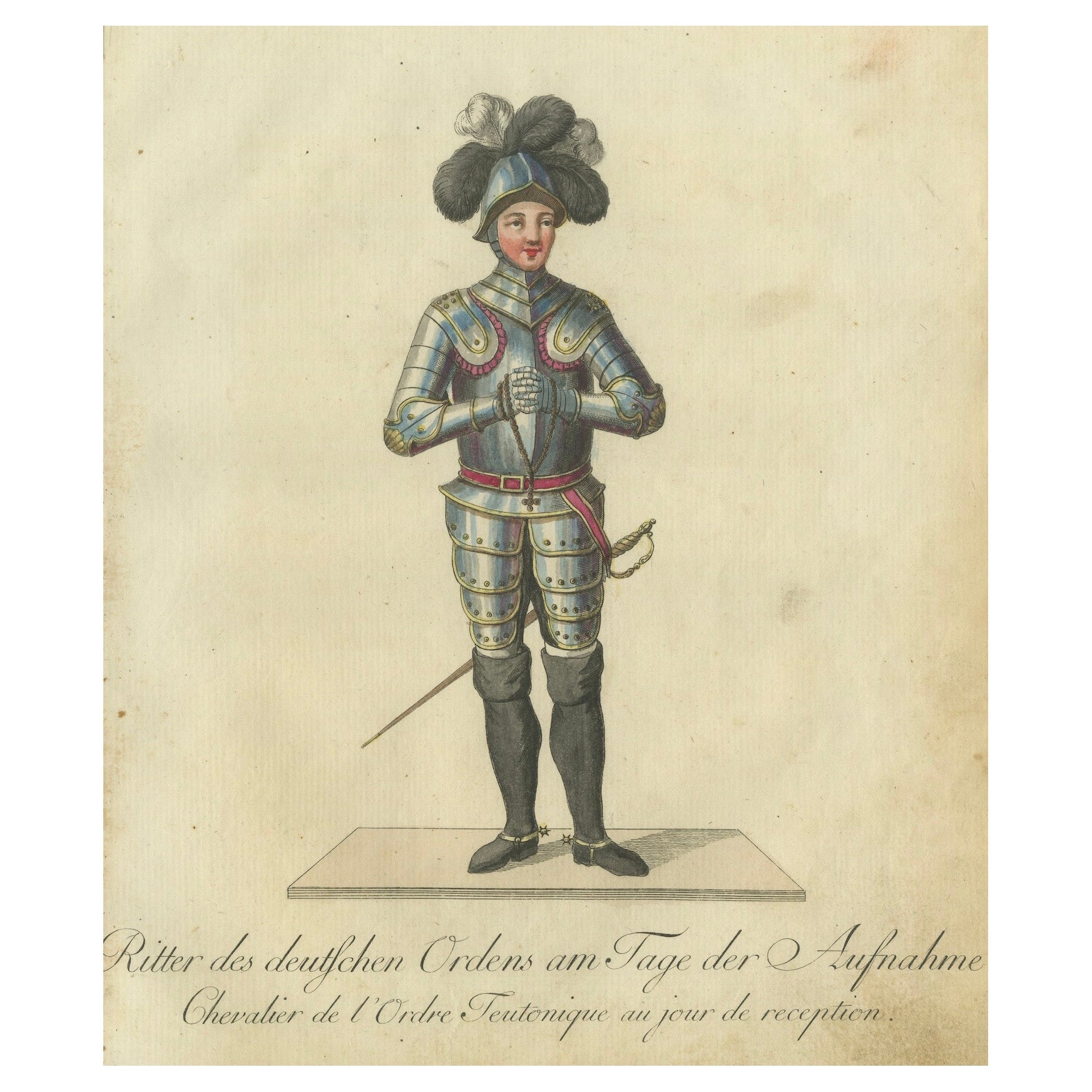 Caballero de la Orden Teutónica: Grabado coloreado a mano de 1791 en traje de recepción