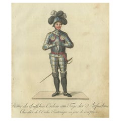 Caballero de la Orden Teutónica: Grabado coloreado a mano de 1791 en traje de recepción