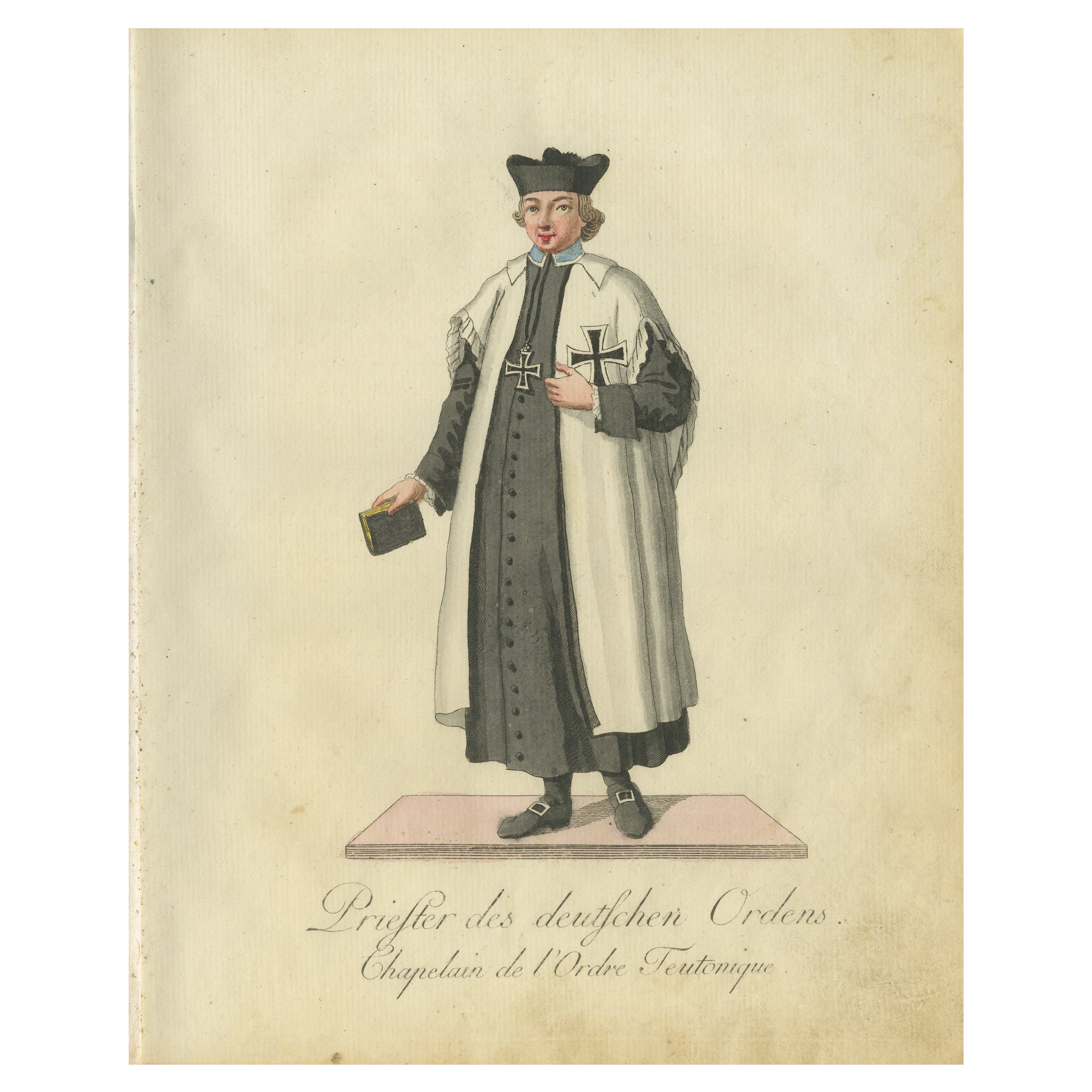 Capellán de la Orden Teutónica: Grabado coloreado a mano de 1791 con atuendo ceremonial