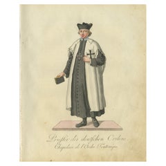Capellán de la Orden Teutónica: Grabado coloreado a mano de 1791 con atuendo ceremonial