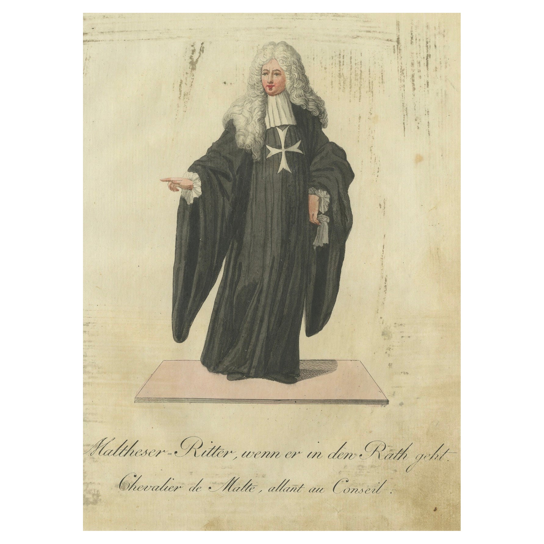Maltese Knight Attending Council: 1791 Colored Engraving in Ceremonial Robes