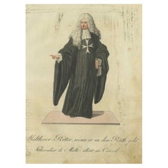 Maltese Knight Attending Council: 1791 Colored Engraving in Ceremonial Robes