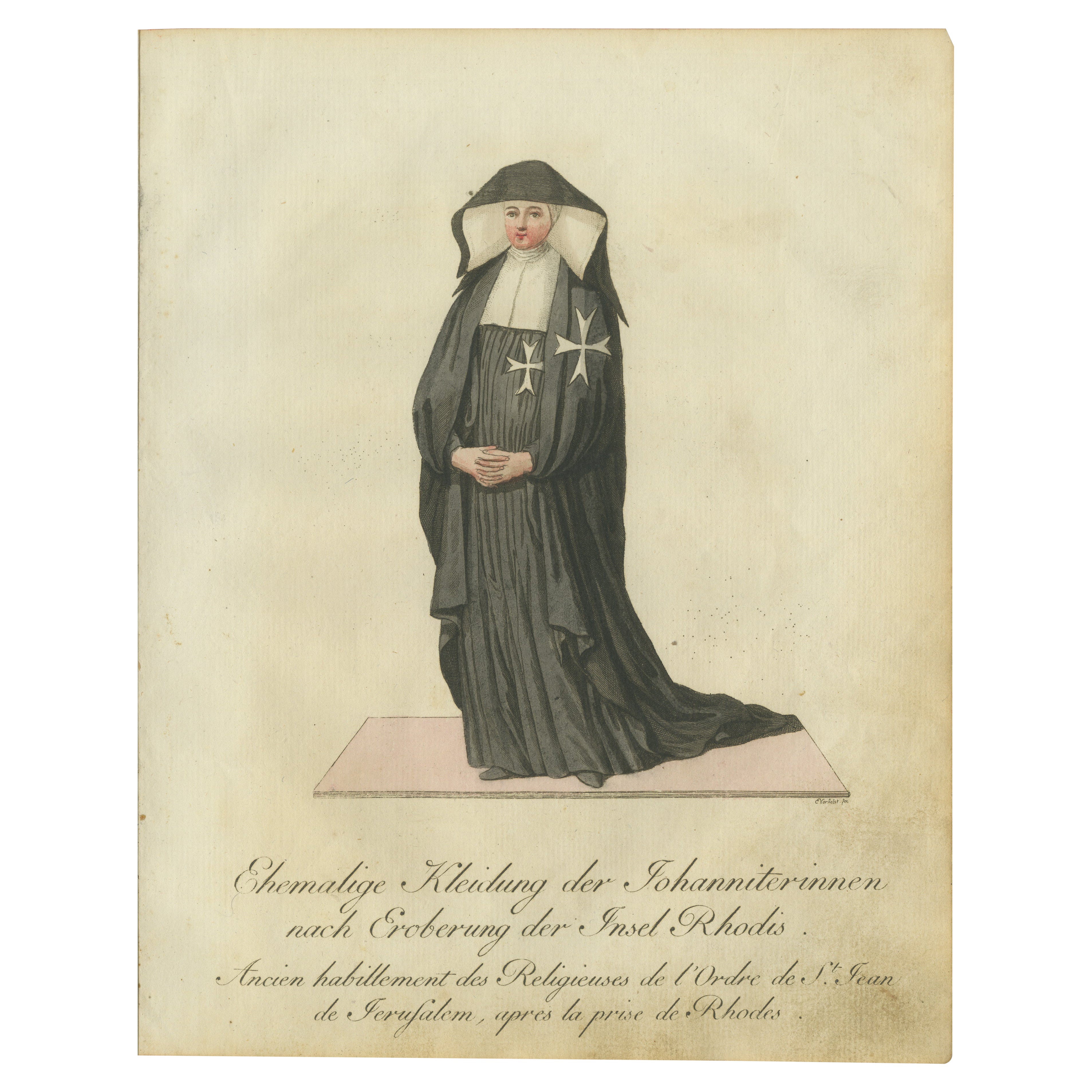 Monja Hospitalaria con atuendo de Post-Rodas: Grabado coloreado a mano de 1791 en venta