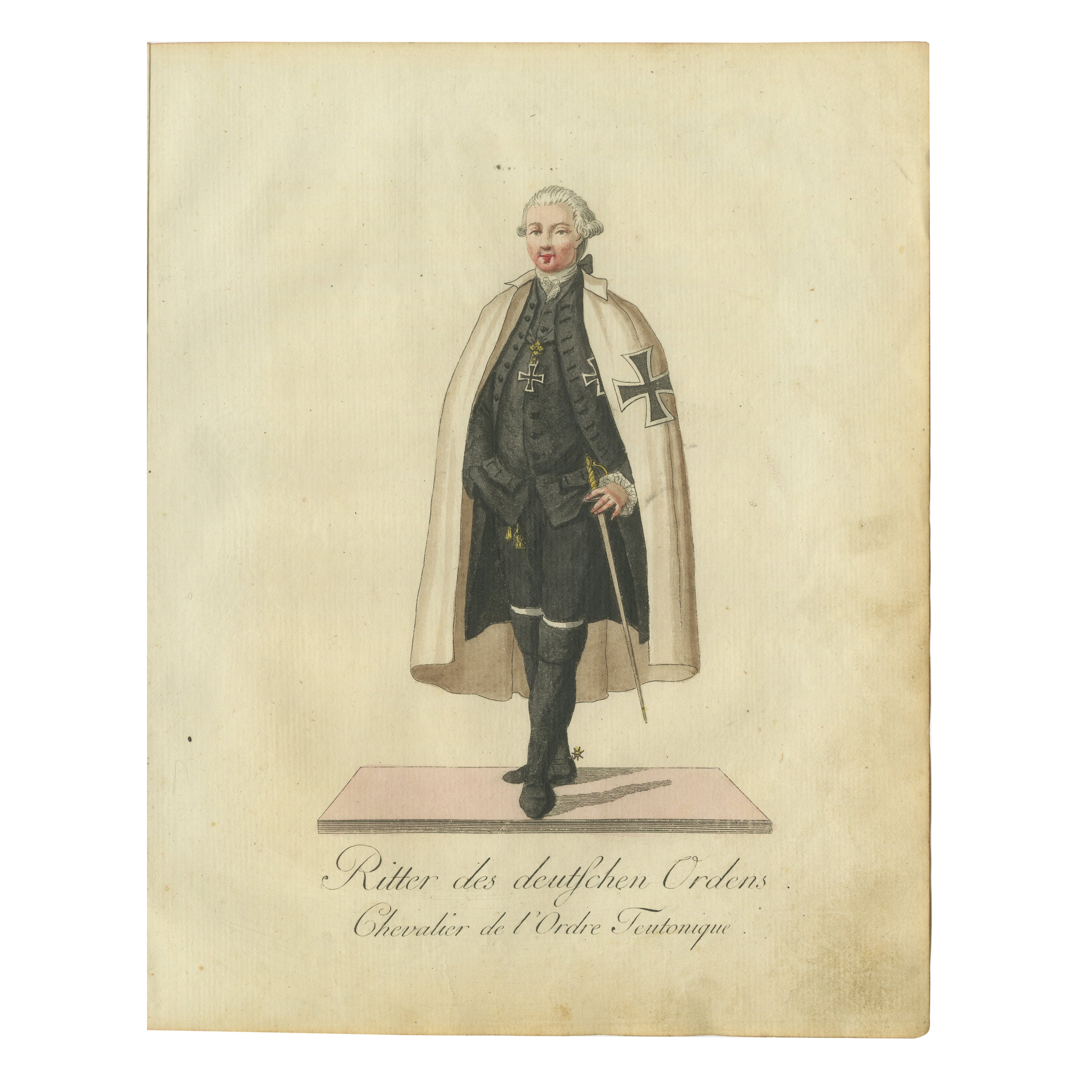 Caballero de la Orden Teutónica: Grabado coloreado a mano de 1791 en traje de gala