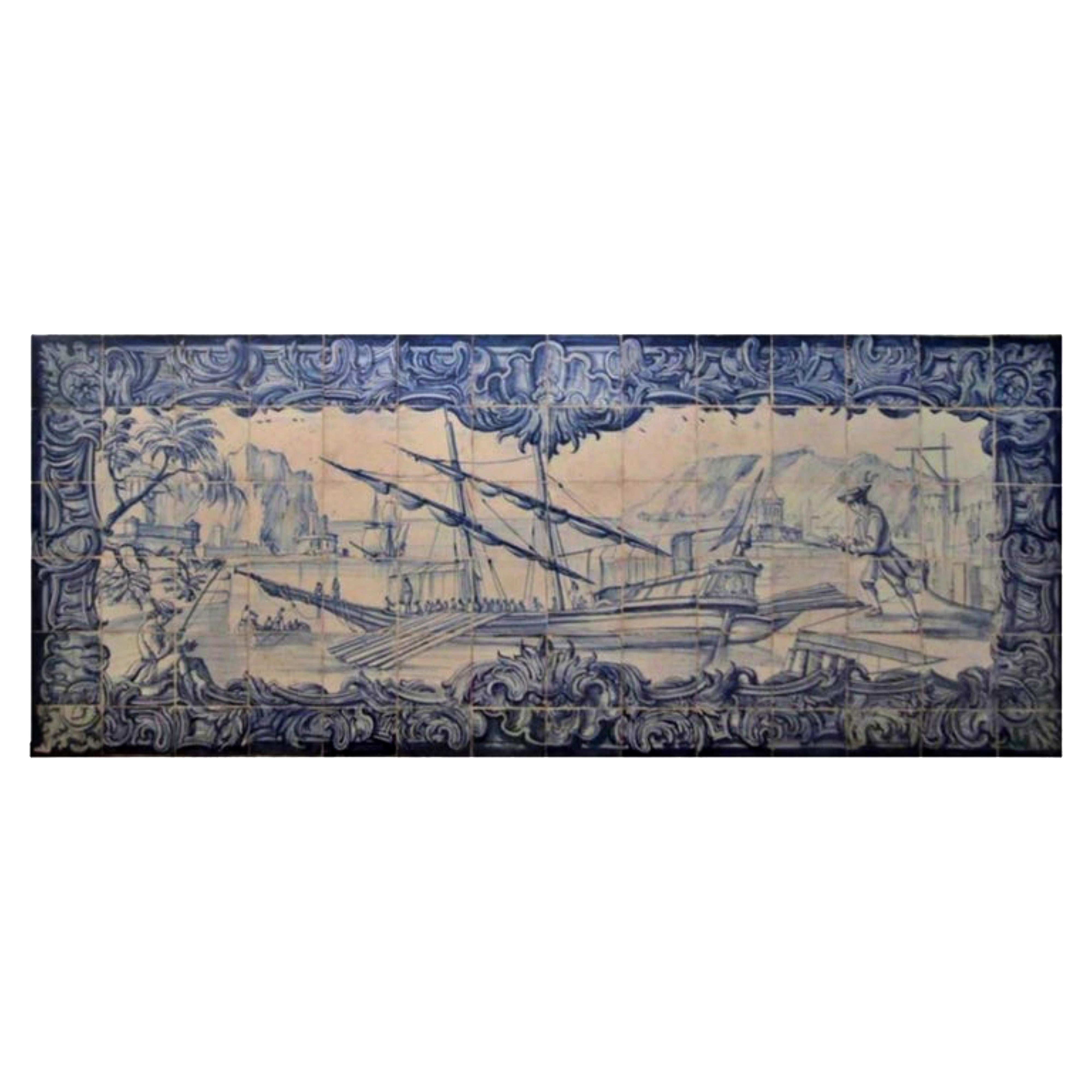 Pannello portoghese "Azulejos" del XVIII secolo, "Scena di fiume". in vendita