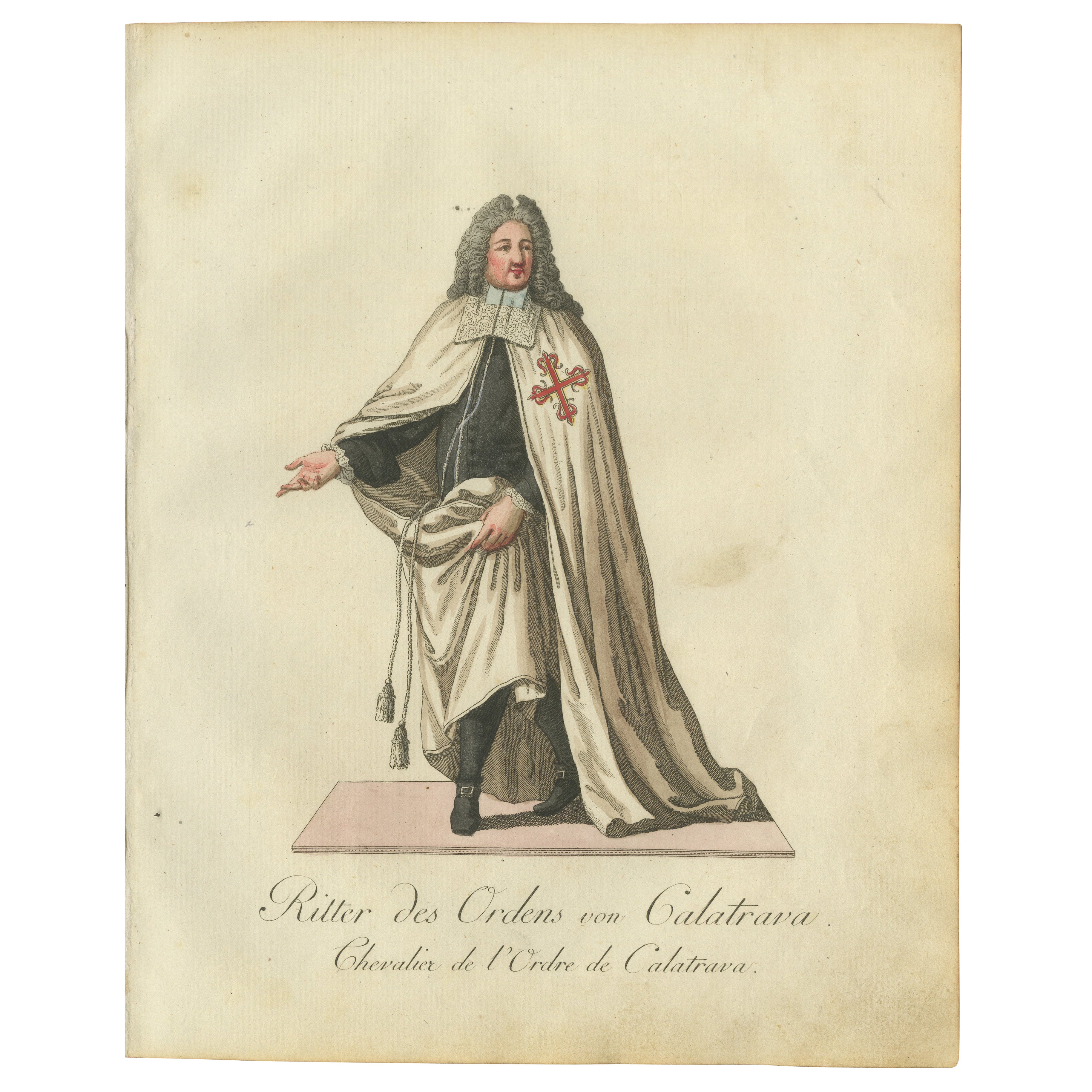 Cavaliere dell'Ordine di Calatrava - Incisione colorata a mano del XVIII secolo