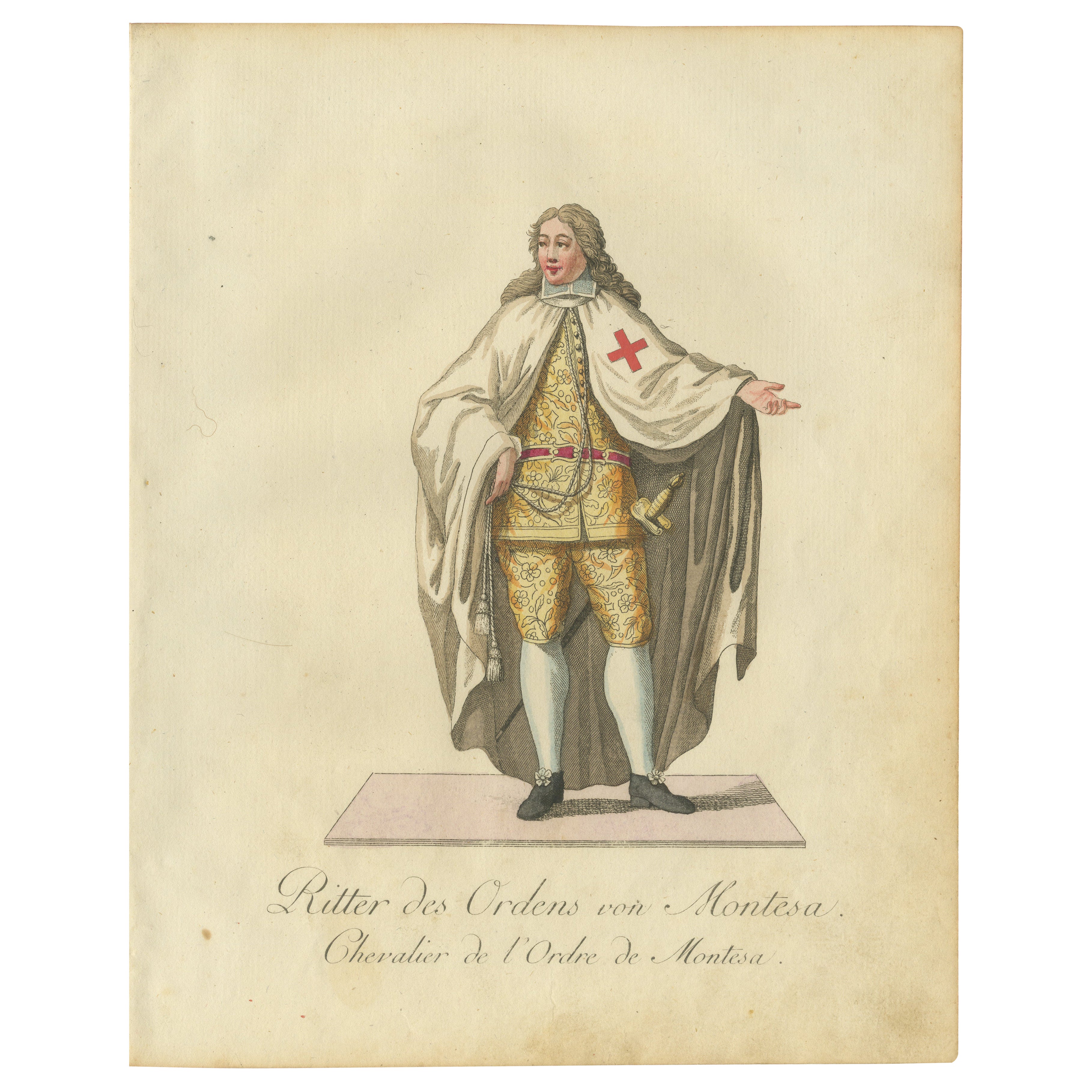 Caballero de la Orden de Montesa, grabado original raro coloreado a mano, 1791 en venta