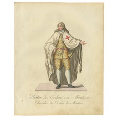 Cavaliere dell'Ordine di Montesa, rara incisione originale colorata a mano, 1791