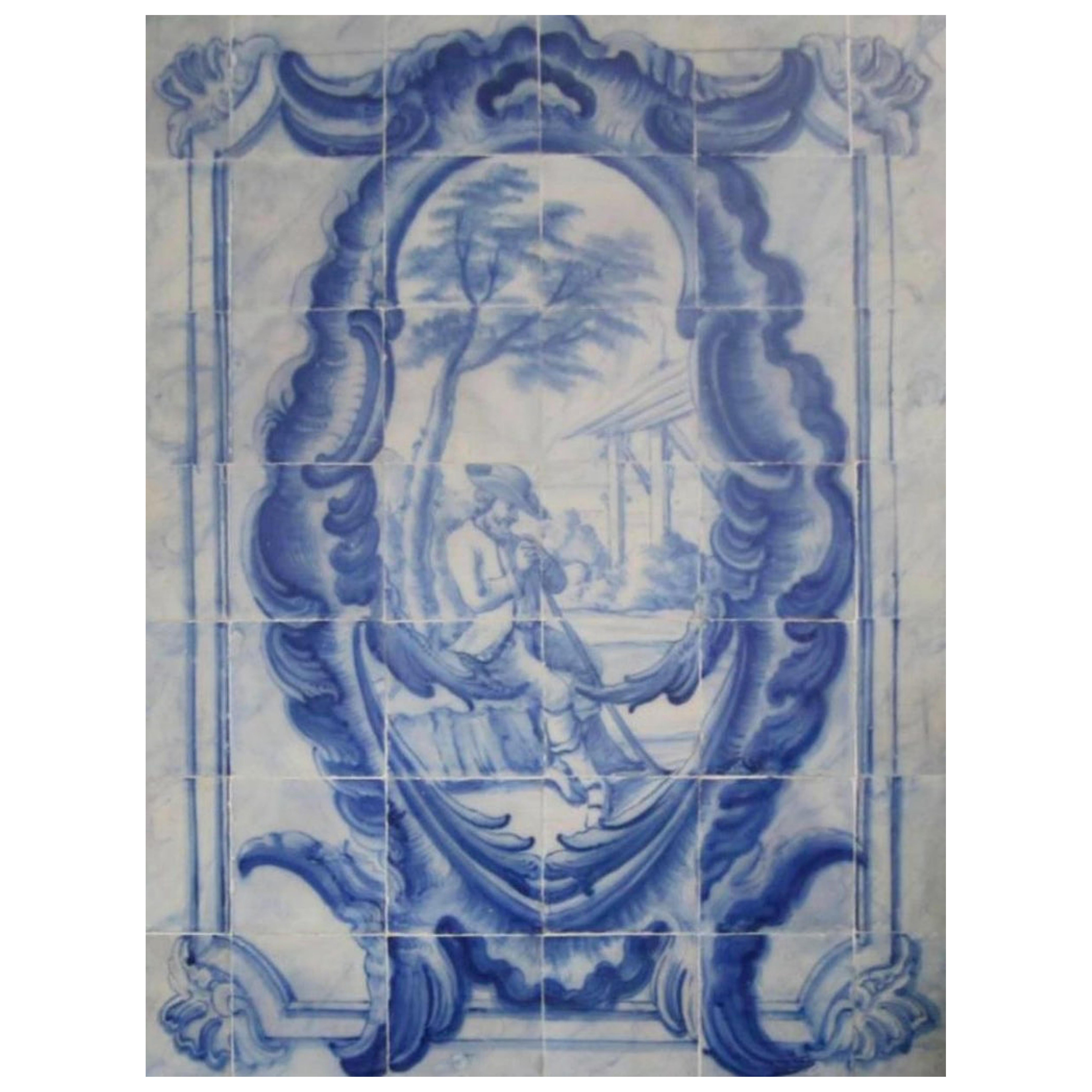 Pannello portoghese "Azulejos" del XVIII secolo, "Scena di caccia".