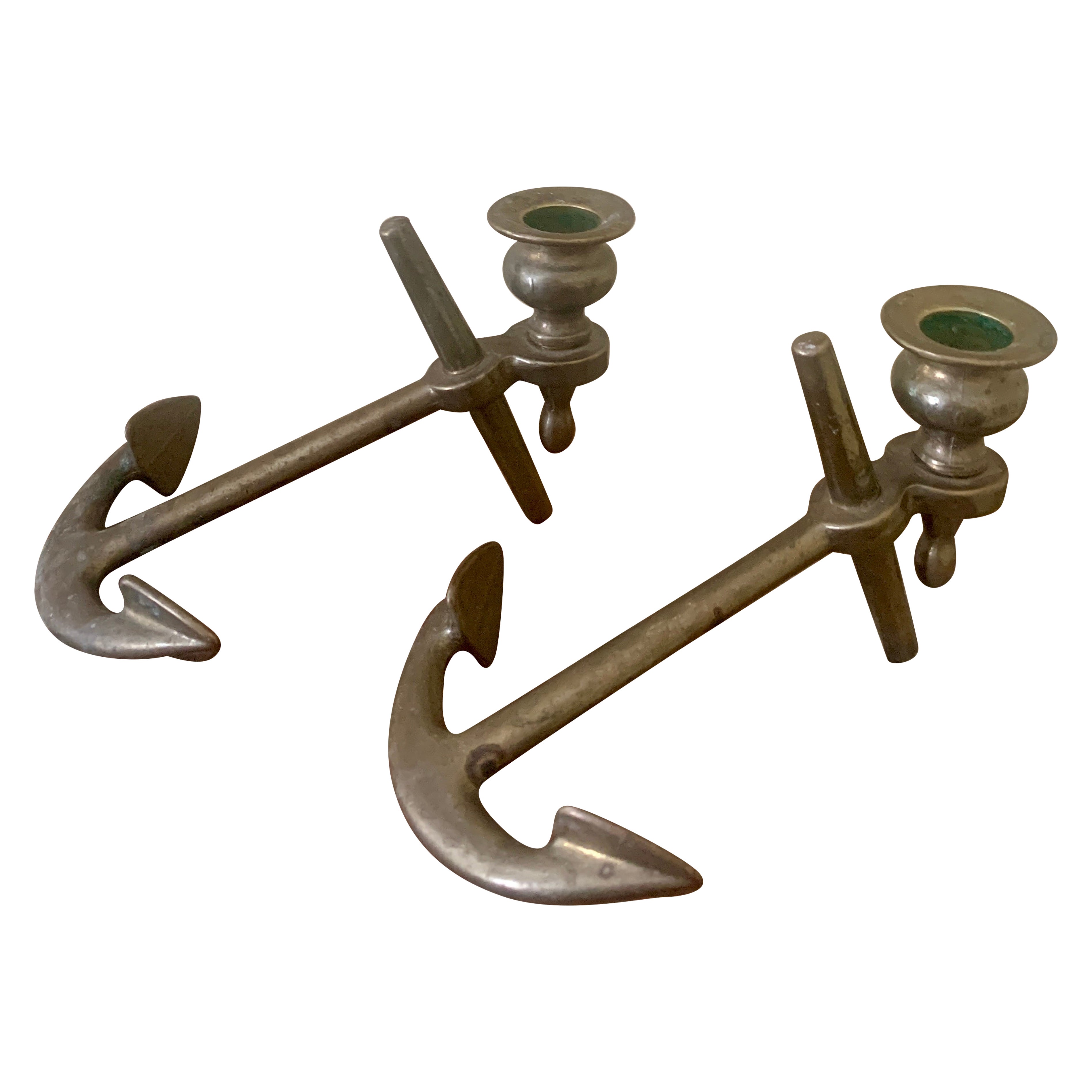 Italian Solid Cast Brass Anchor Candle Holders For Sale