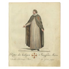 Antique Knight of the Holy Virgin Mary: Rare Hand-Colored 18th-Century Engraving