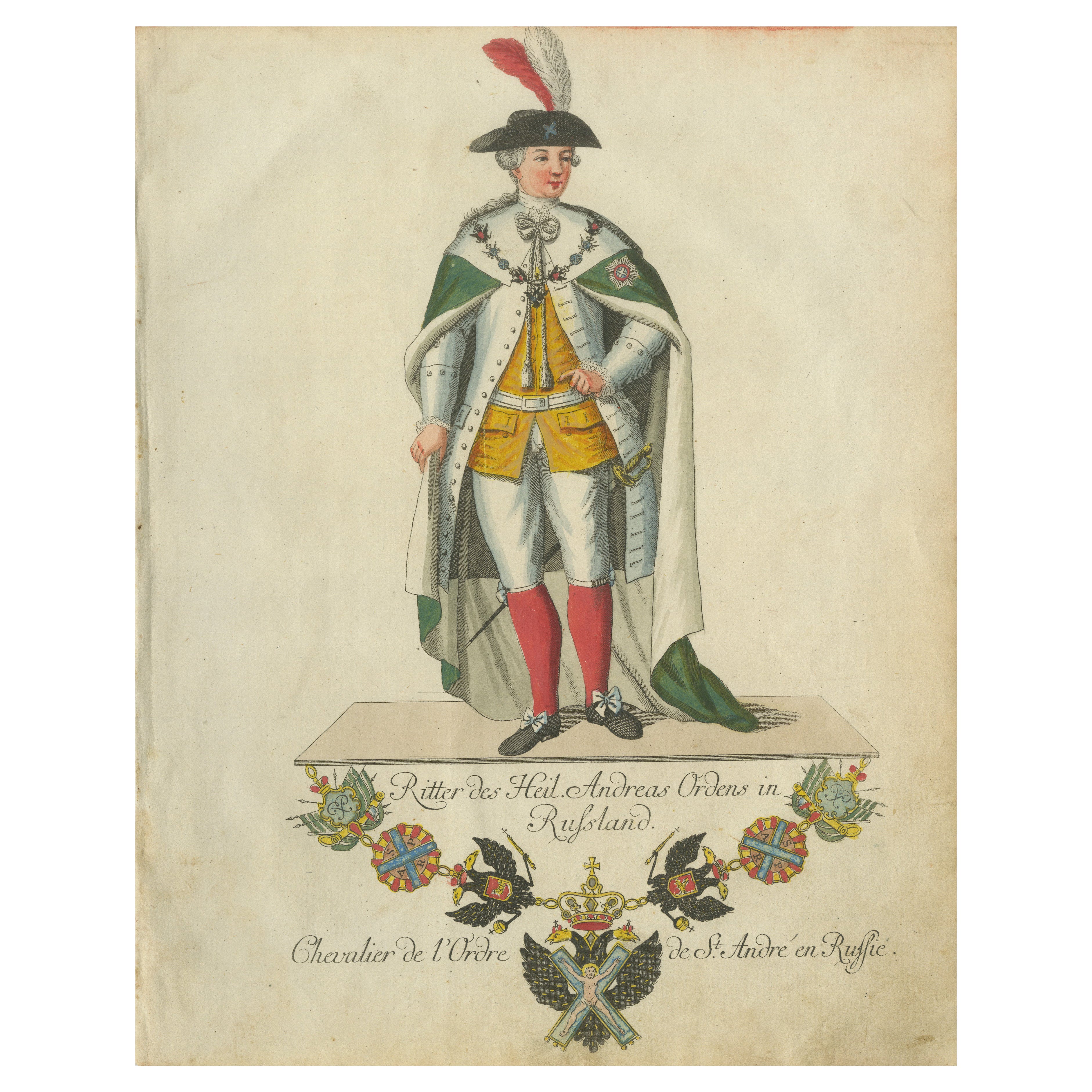 Caballero de la Orden de San Andrés en Rusia: grabado coloreado a mano del siglo XVIII