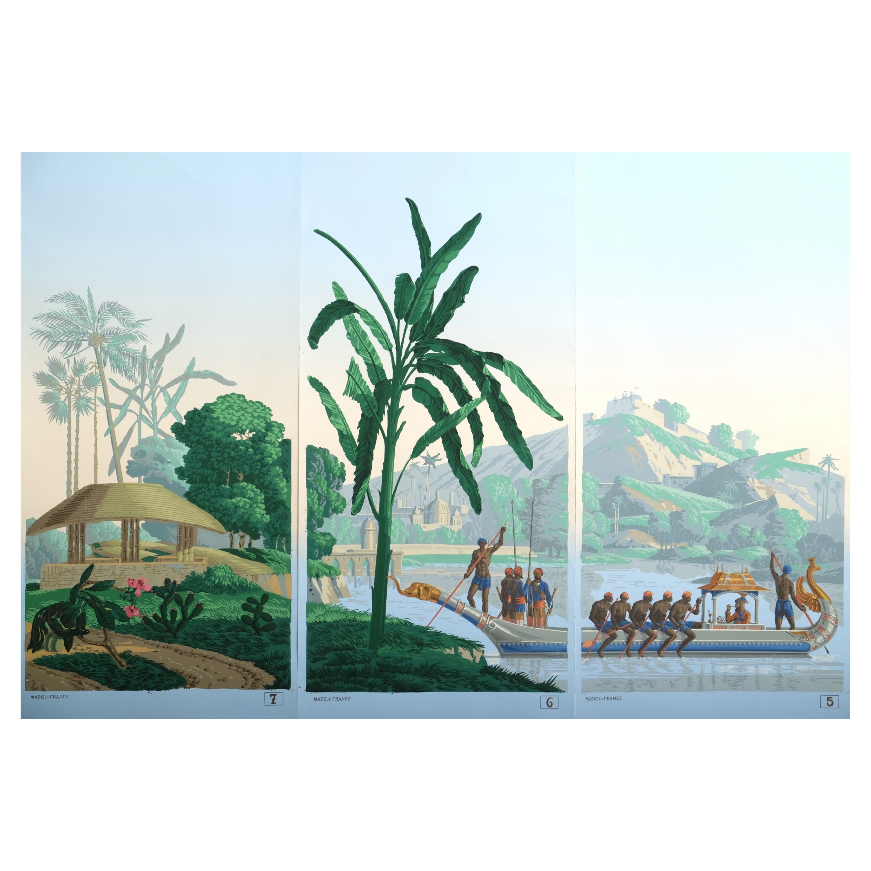 French Zuber Panoramic Wallpaper Hindustan Woodcut Print Panels 5 to 7, France For Sale