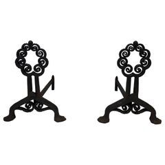 Pair of Wrought & Hammered iron Andirons. Art Nouveau. Signed Wanner Genneva