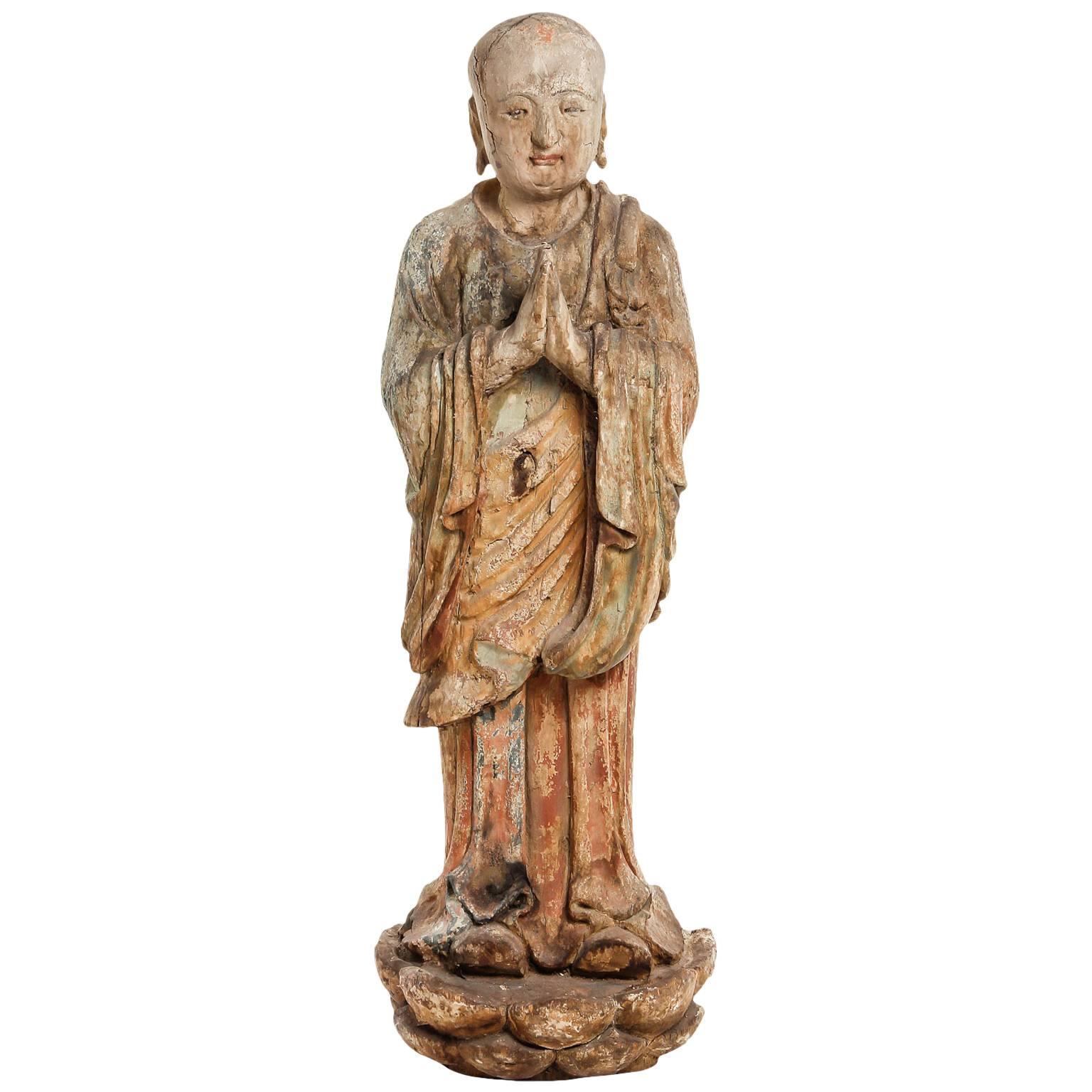 Buddhist Monk Sculpture, Wood, Thailand, 19th Century For Sale