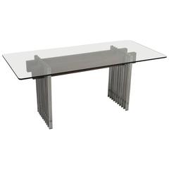 Retro Table Chromed Metal Basement Teak Bands Glass Top, Italy, 1970s