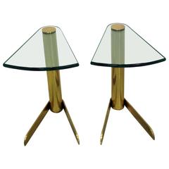 Pair of Brass and Glass Side or Drinks Tables. Nightstands. 
