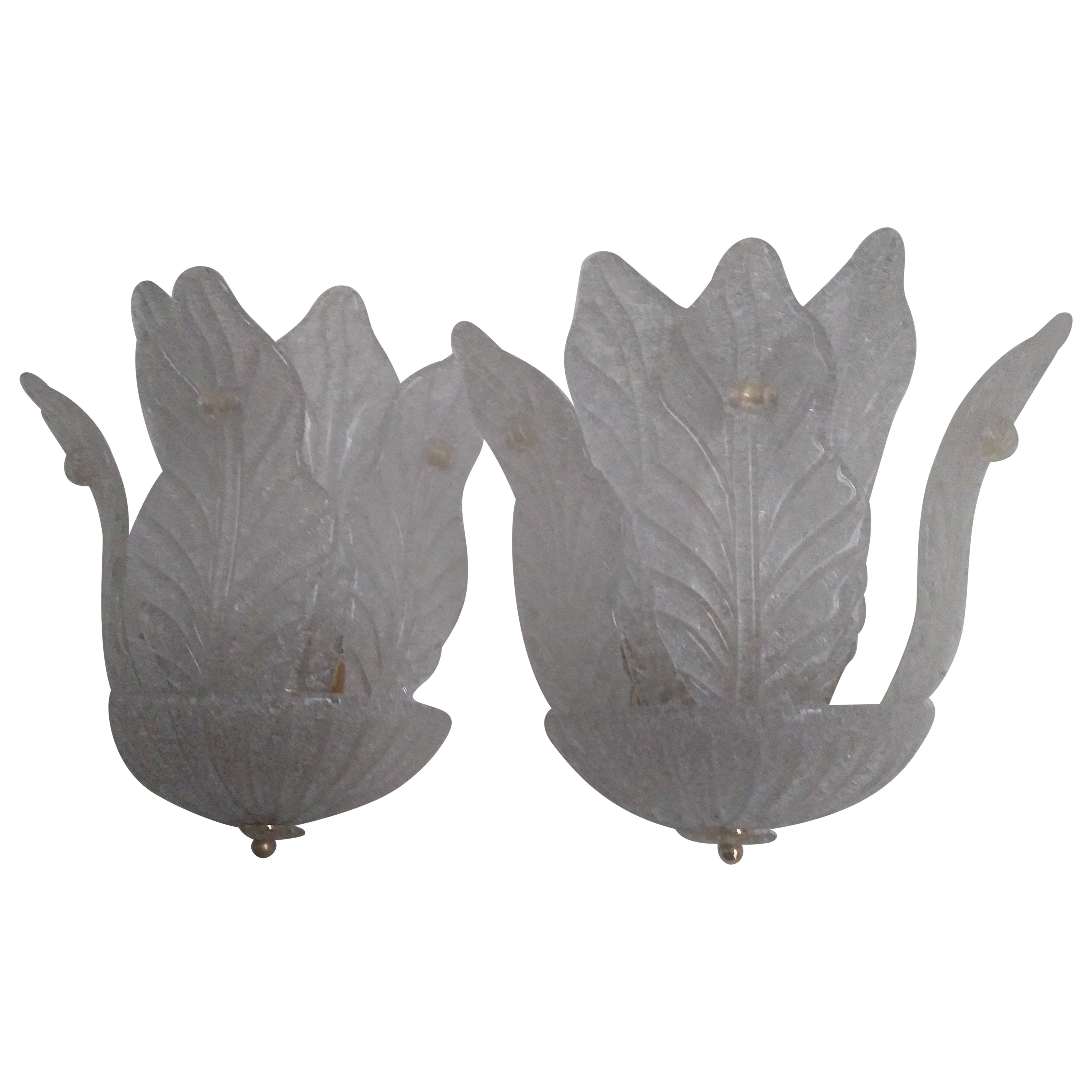 Pareja de grandes hojas de cristal de Murano Barovier  Apliques con herrajes de latón, años 60