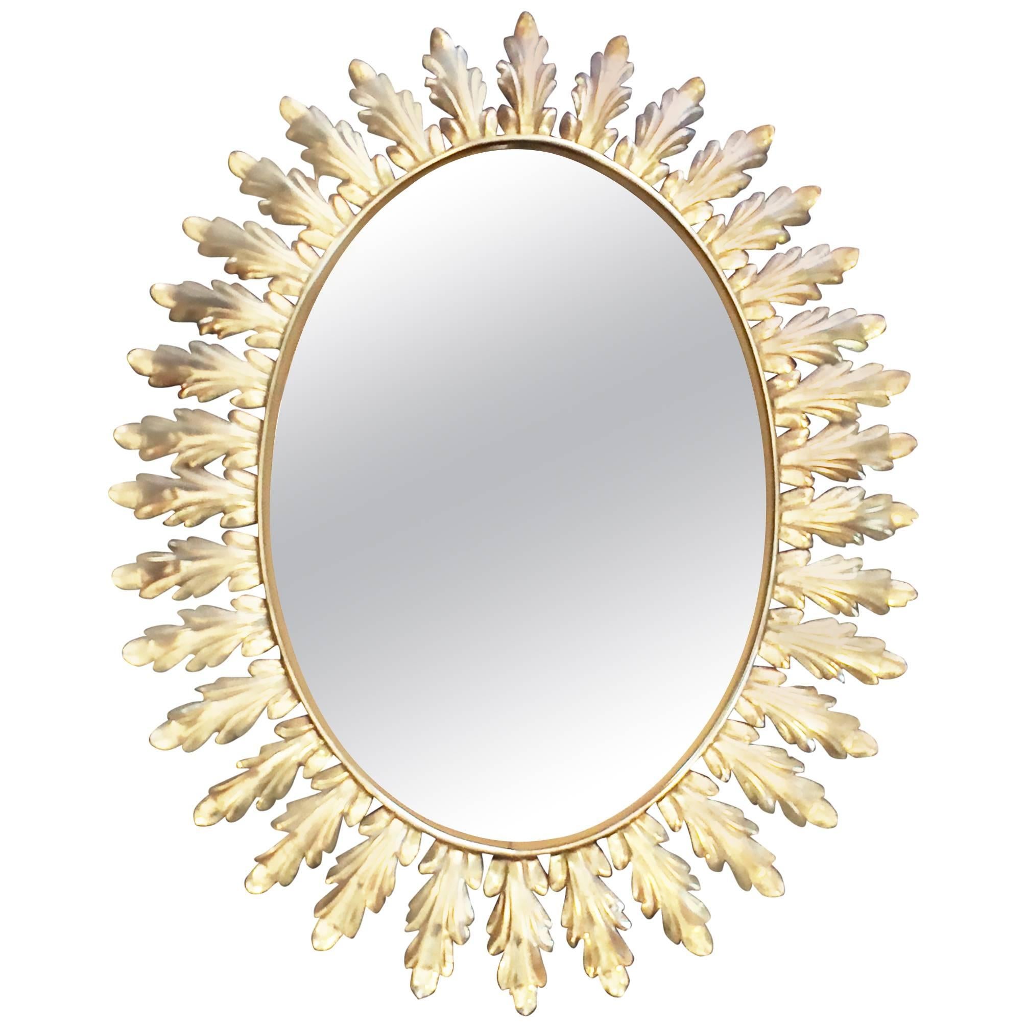 Large French Mid-Century Sunburst Style Mirror with Acanthus Leaves