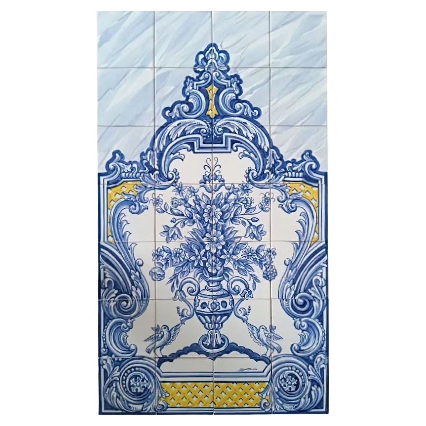 Azulejos Portuguese Tile Mural "Blue Flower Vase" Hand Painted & Signed