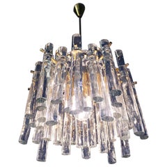 Lampadario a bastoni ghiacciati degli anni '60 in vetro di Murano e ottone dorato di Kinkeldey Germany