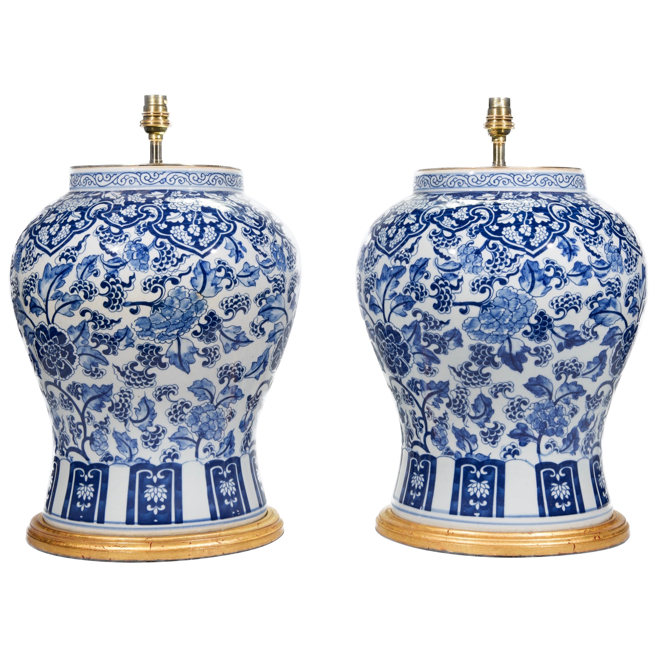 Pair of Blue and White Chinese Porcelain 20th Century Temple Jar Table Lamps