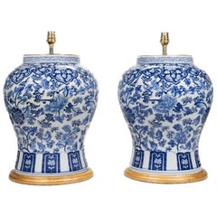 Pair of Blue and White Chinese Porcelain 20th Century Temple Jar Table Lamps