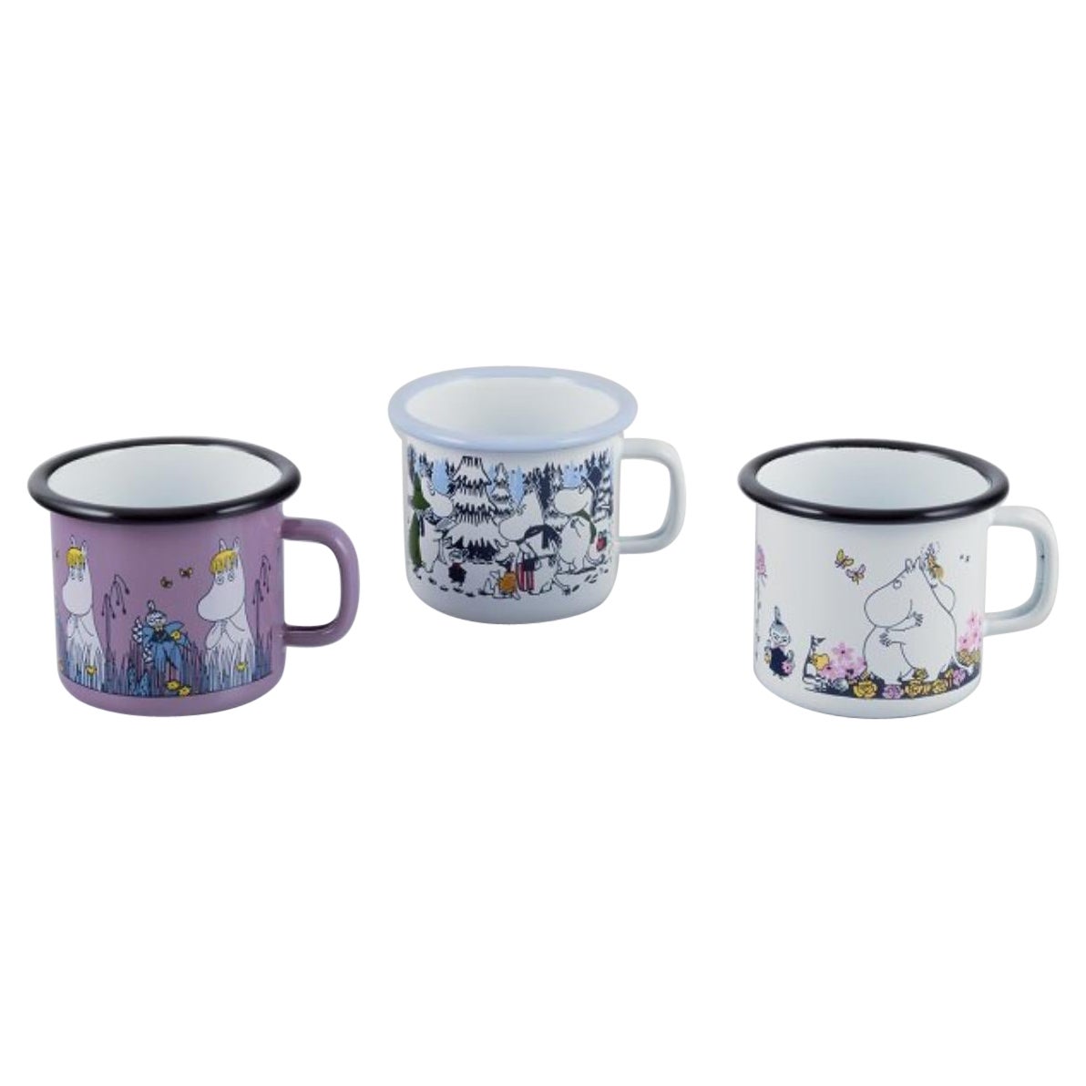 Muurla, Finlandia. Tres tazas esmaltadas con motivos de las historias de los Moomin en venta