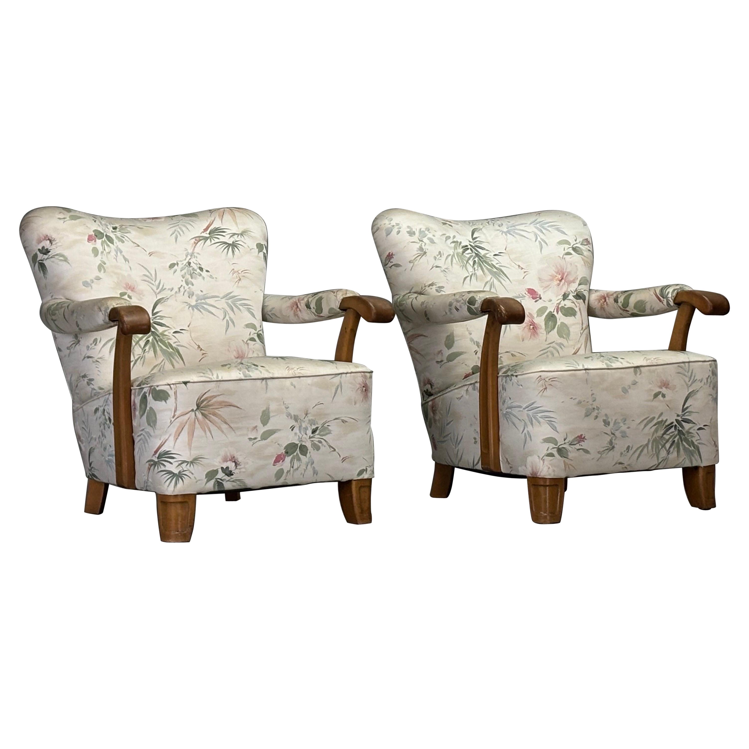 Lounge Chairs in Floral Printed Upholstery, Sweden, 1930s, Set of 2