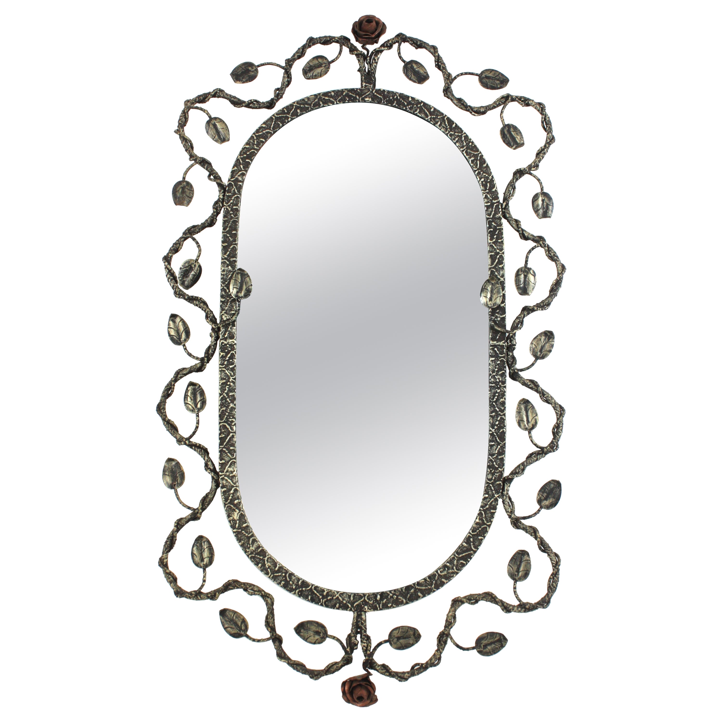 Oval Mirror in Silver Patinated Iron with Foliage Floral Motifs, 1950s For Sale