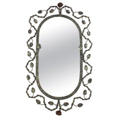 Oval Mirror in Silver Patinated Iron with Foliage Floral Motifs, 1950s