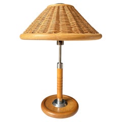 Vintage Tall Spanish Rattan Chrome Wood Table Lamp, 1970s