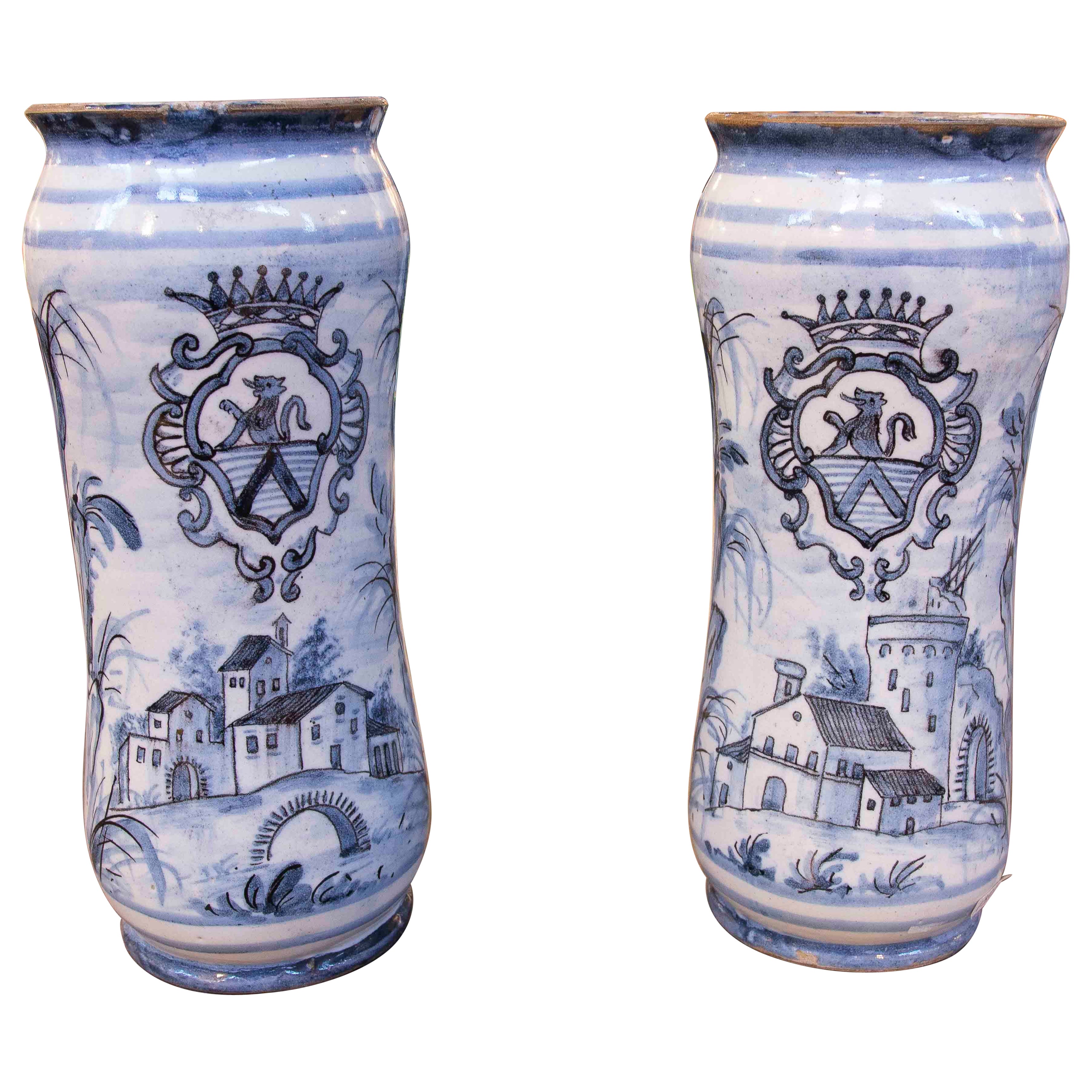 1970s Pair of Hand Painted Ceramic Vases with Heraldic Coats of Arms