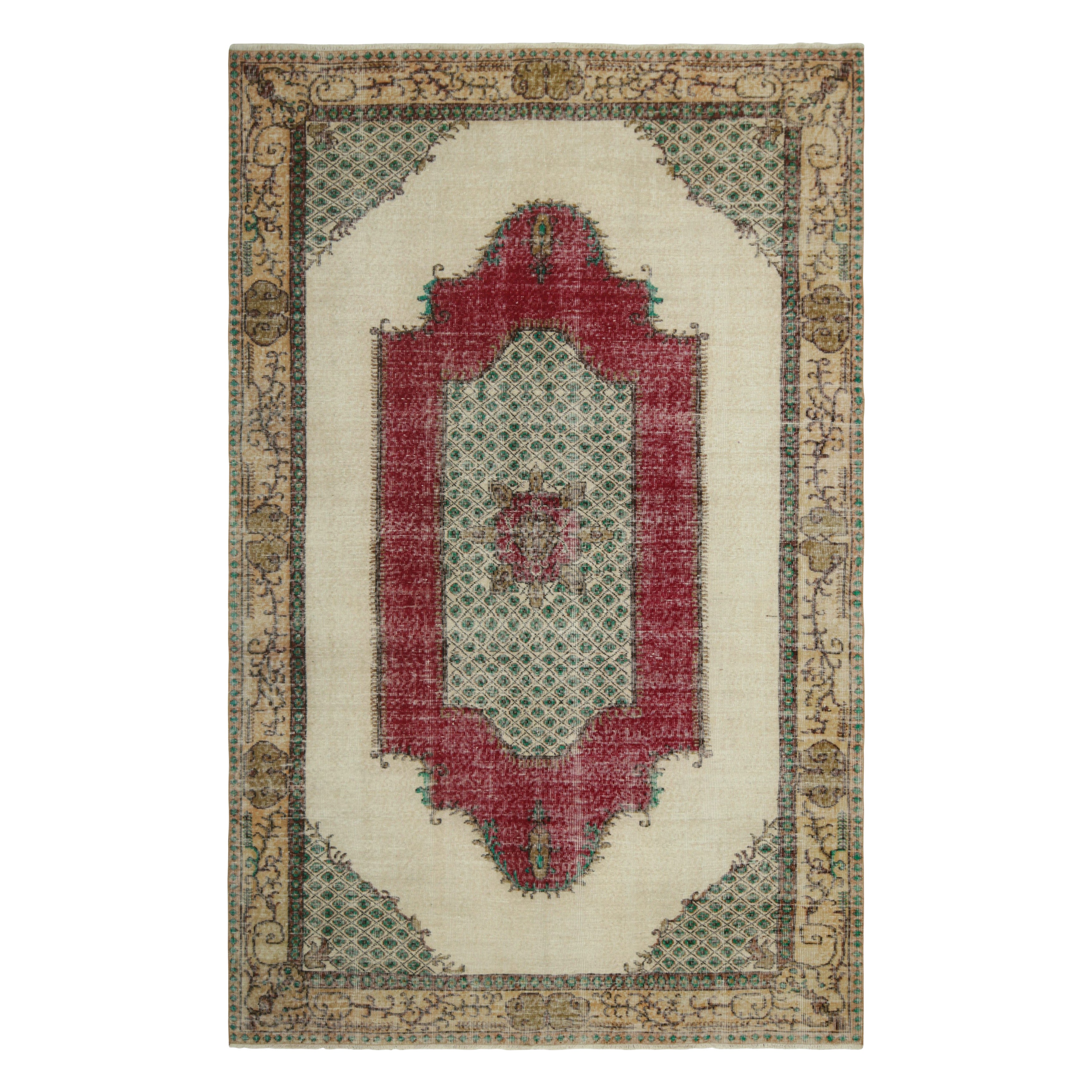 Vintage Turkish Rug in Beige with Red & Green Geometric Medallion  Rug & Kilim