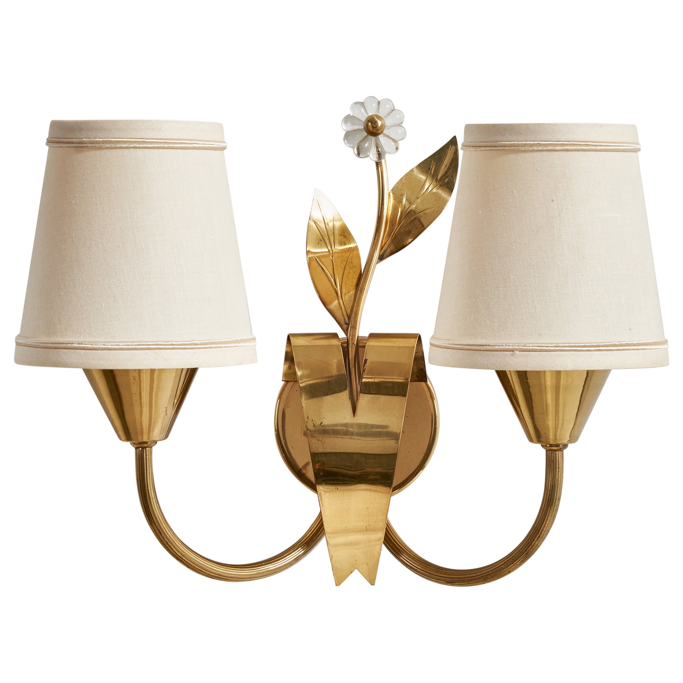 Schwedische Designerin, Wandleuchte, Messing, Glas, Stoff, Schweden, 1940er Jahre