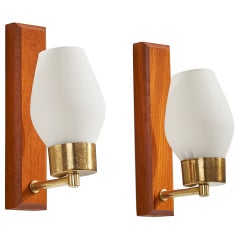 Schwedischer Designer, Wandleuchten, Messing, Teakholz, Glas, Schweden, 1950er Jahre