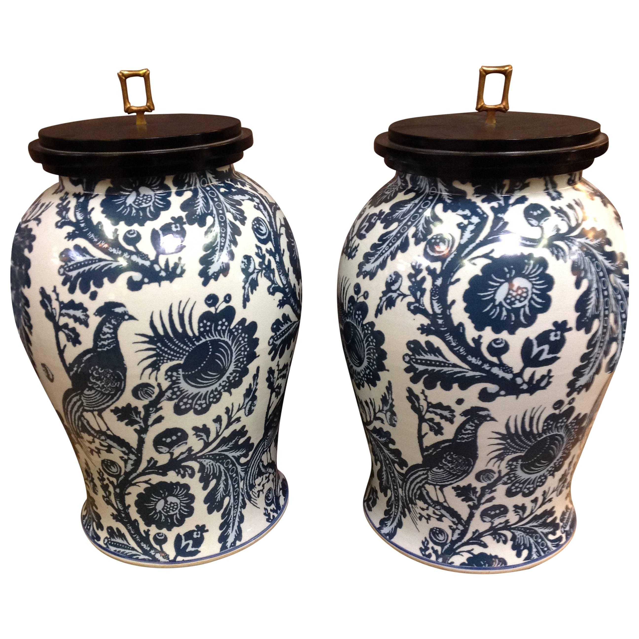 Pair of Scalamandre Blue & White Bird of Paradise Urns with Wooden Lids For Sale