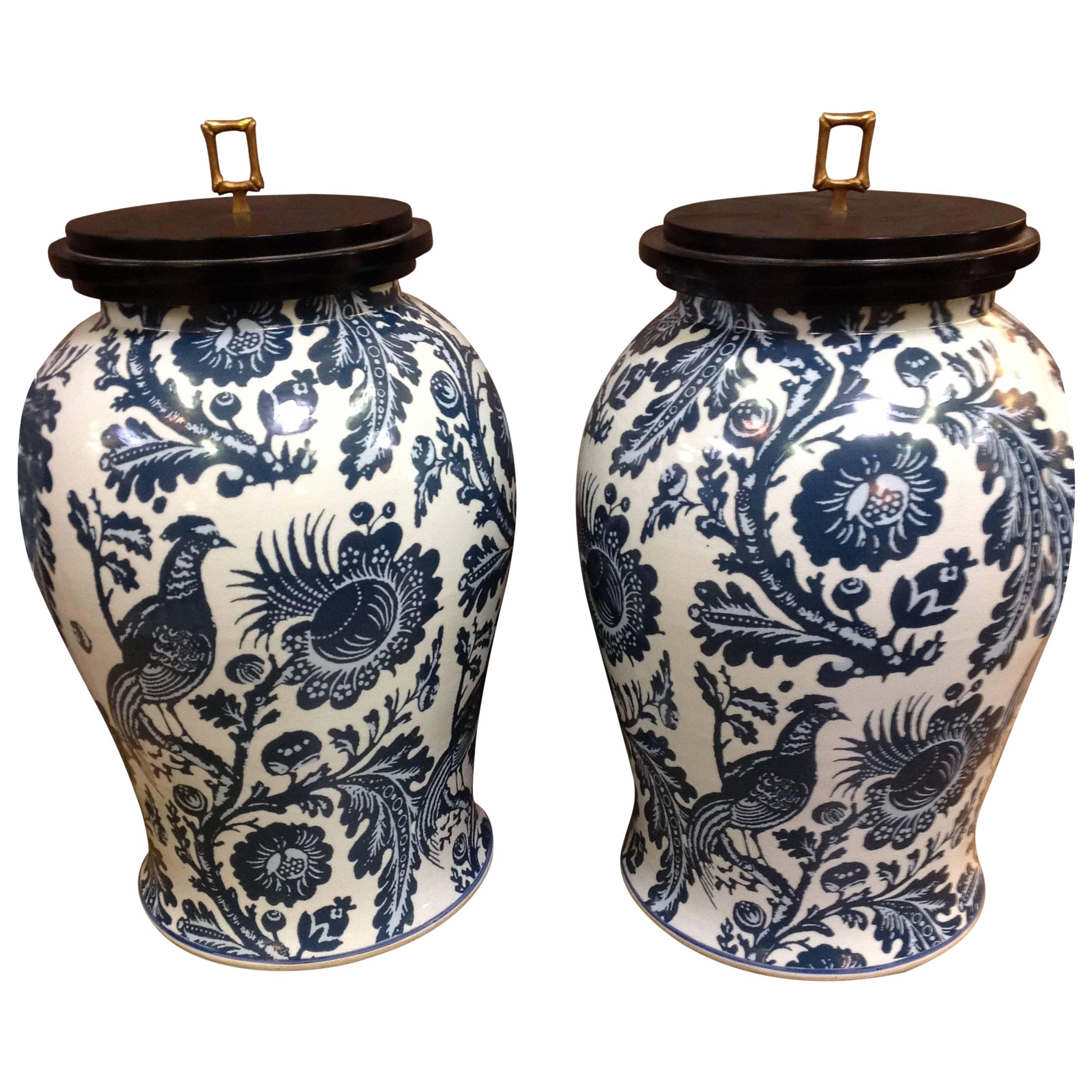 Pair of Scalamandre Blue 
White Bird of Paradise Urns with Wooden Lids For Sale