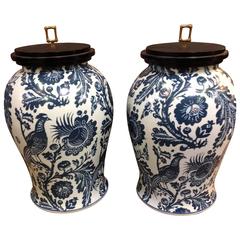 Pair of Scalamandre Blue & White Bird of Paradise Urns with Wooden Lids