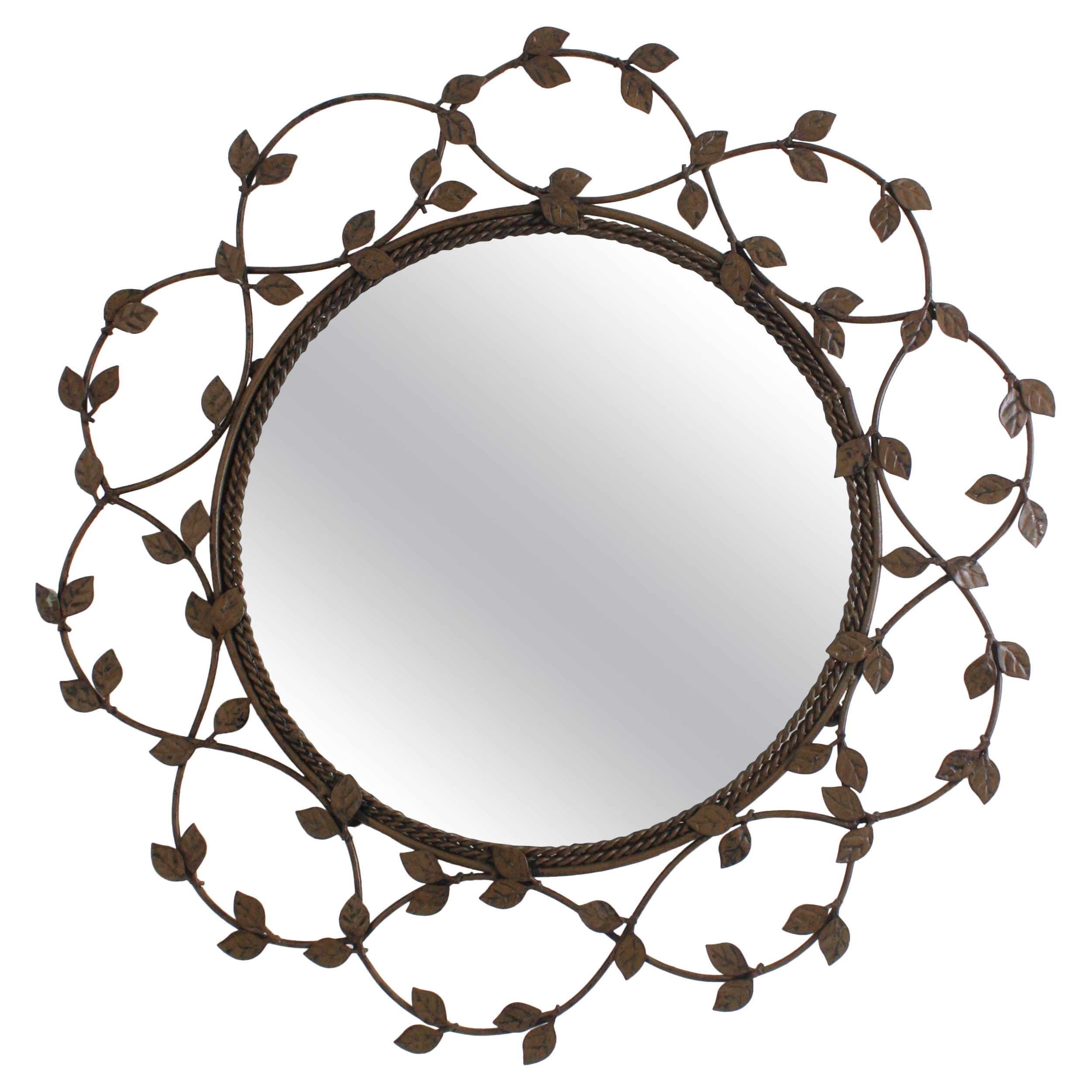 Flower Sunburst Mirror in Patinated Iron with Foliage Frame, 1950s