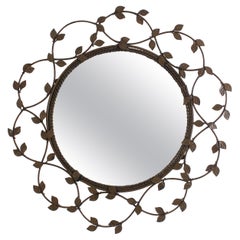 Flower Sunburst Mirror in Patinated Iron with Foliage Frame, 1950s