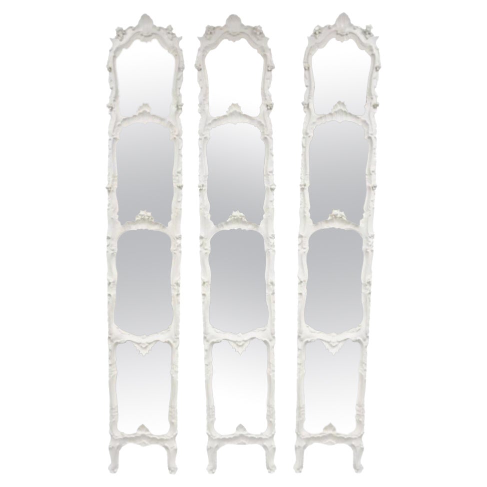 Antique French Rococo Louis XV White Carved Wood Tall Narrow Mirrors - 3 Pcs For Sale